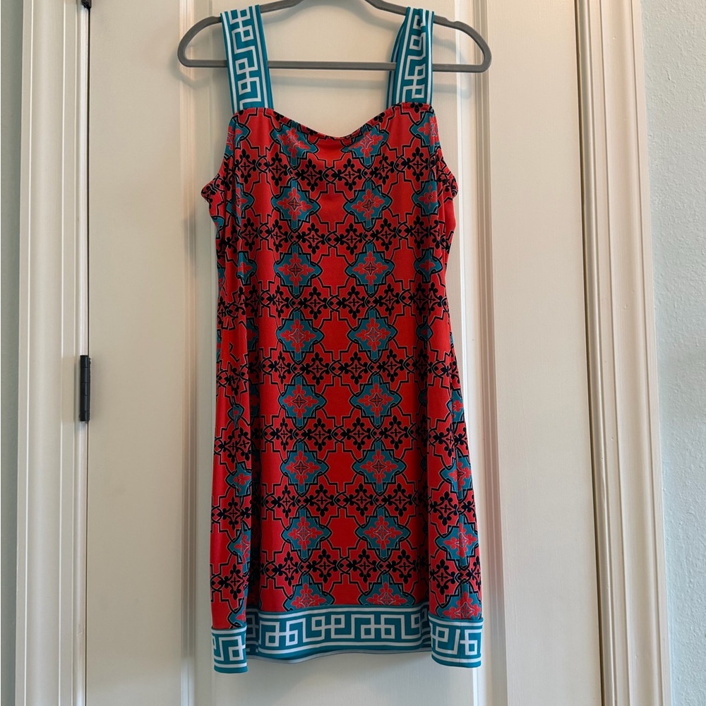 Tracy Negoshian Red and Blue Patterned Mini Dress